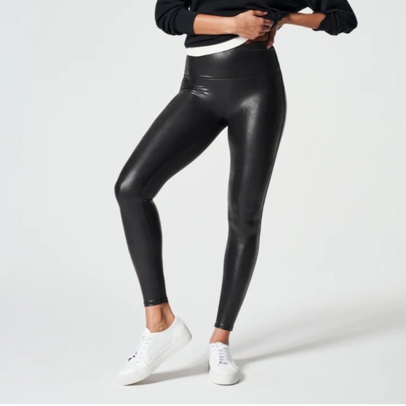SPANX Pants - SPANX black faux leather with slight shimmer High-Waisted Leggings size XS